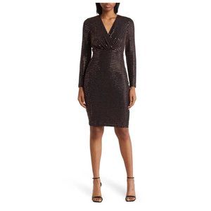 NWT Calvin Klein Mirror Metallic Dot Surplice Long Sleeve Dress sz 6 Brown.